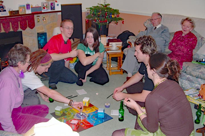Games after lunch:On the floor: Chris, Tim, Ross, Emma, Mark and Kerry. On the sofa: Frank and Joyce