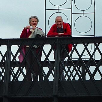 Bobs and John on the bridge across the railway line