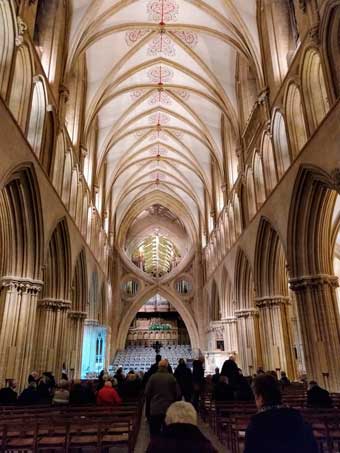 Inside the cathedral - the "scissors" were added in the 14th century to support the roof