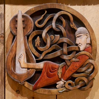 A carving in a Viking longhouse