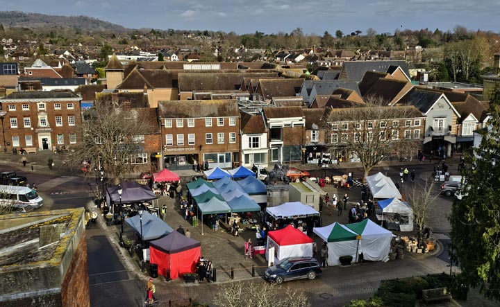 Petersfield Market from the top of St Peter's tower. John was looking for a photograph of Petersfield for the new Life Church office - another photograph was chosen, but this was an exciting experience!